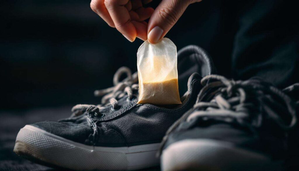 Het plaatsen van een droog theezakje in stinkende sportschoenen absorbeert het vocht en neutraliseert de nare geur gedurende de nacht